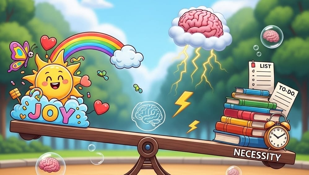 A generated image with joy on the left side of the teeter totter, and necessity on the right. Brains are floating in bubbles around the bright, playful, wooded area. 