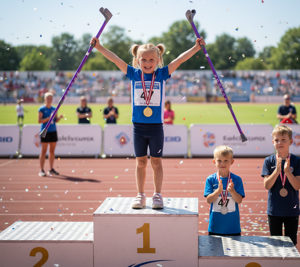 An image of a little girl with crutches taking first on a podium.