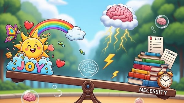 A generated image with joy on the left side of the teeter totter, and necessity on the right. Brains are floating in bubbles around the bright, playful, wooded area. 